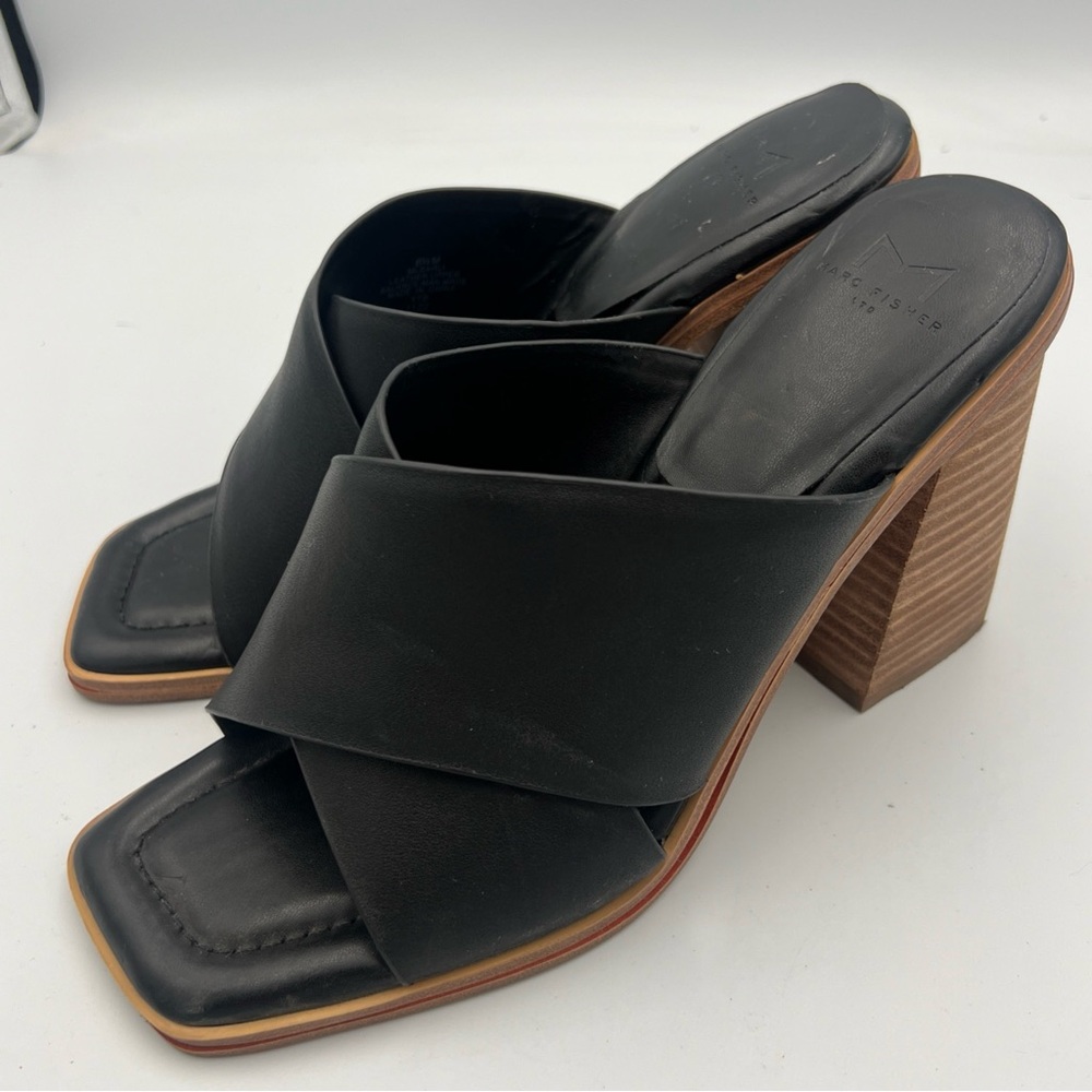 MARC FISHER LTD BARLI SLIDE Leather Black Womens 4" heel sandals Sz 8.5M